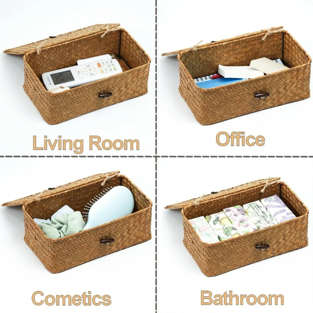 Set of 2 Flat Seagrass Storage Bins with Lid Woven Basket Home Office Organizer